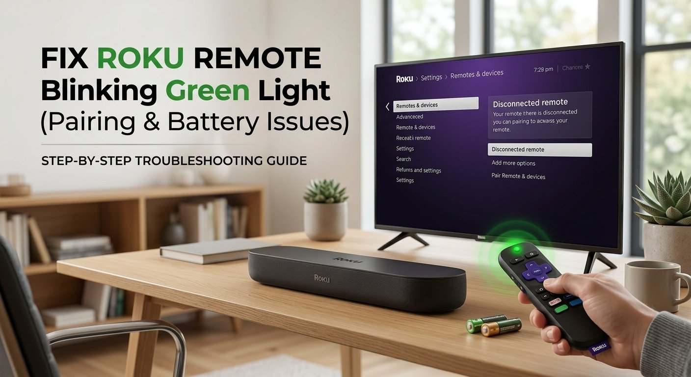 Roku remote blinking green light fix with Roku Soundbar and TV showing Disconnected Remote screen