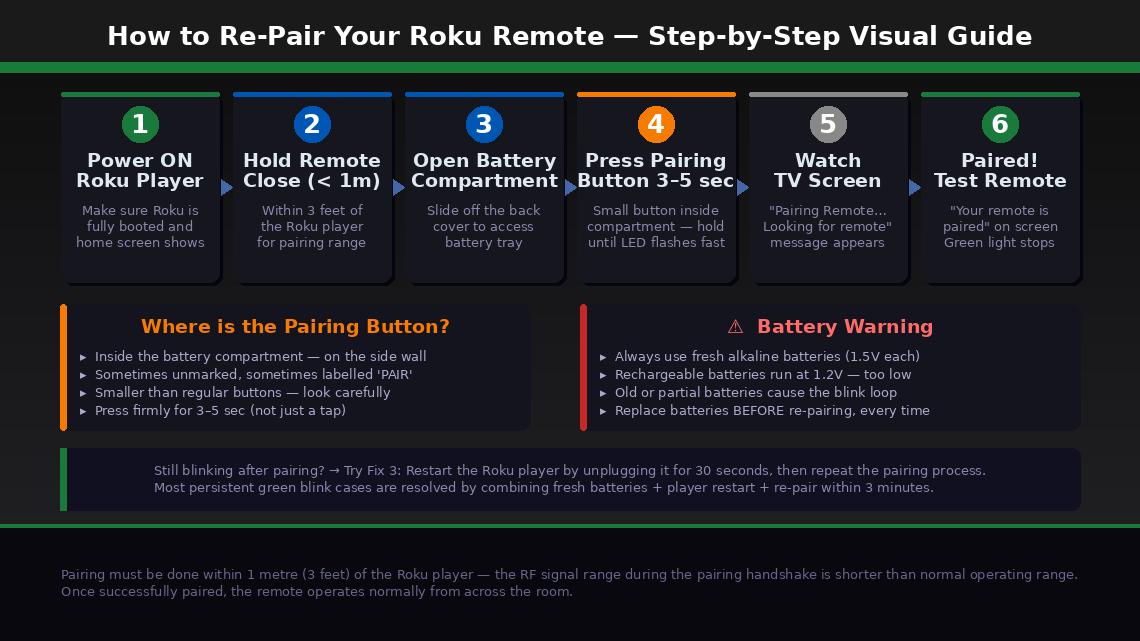 Dark-themed 6-step visual guide showing the Roku remote re-pairing process from powering on the player through pressing the pairing button inside the battery compartment to the paired confirmation on screen