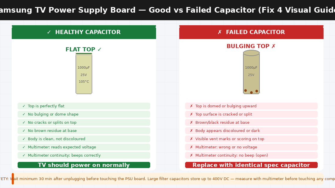 Light-themed side-by-side comparison showing a healthy capacitor with flat top green tick marks on left versus a failed capacitor with bulging dome top and brown residue red crosses on right with safety warning strip at bottom