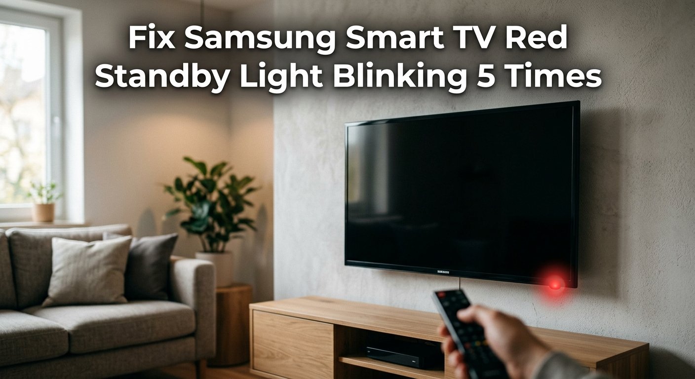 Samsung Smart TV mounted on wall in a bright living room showing black screen and red standby light blinking while hand holds remote aiming at the TV