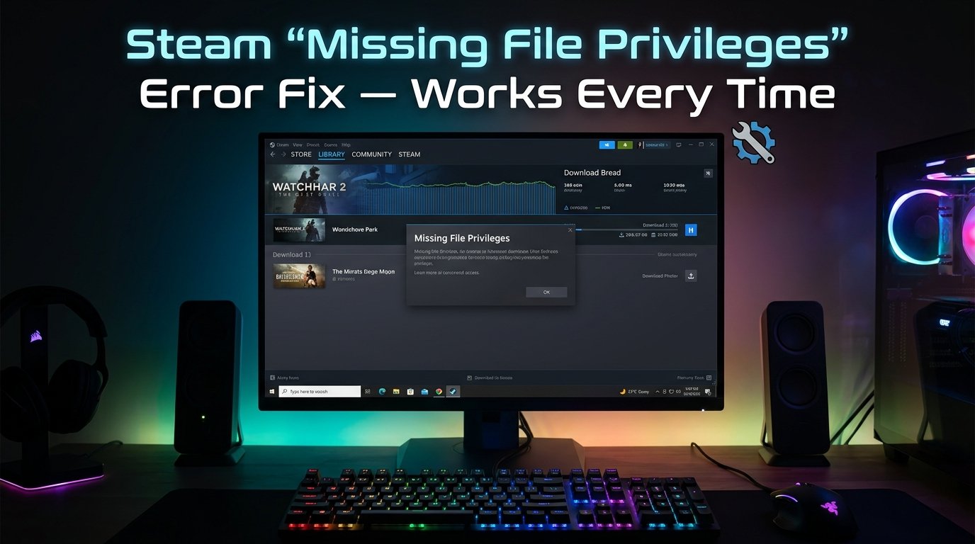 Gaming PC showing Steam Missing File Privileges error popup during game update