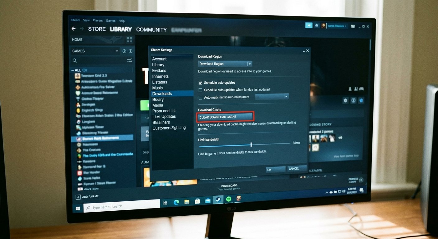 Steam Settings window open on Downloads tab showing the Clear Download Cache button highlighted with a red box on an LG monitor