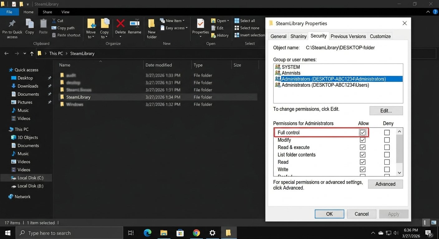 Windows File Explorer showing SteamLibrary folder Properties Security tab with Full Control permission checked for Administrators user group