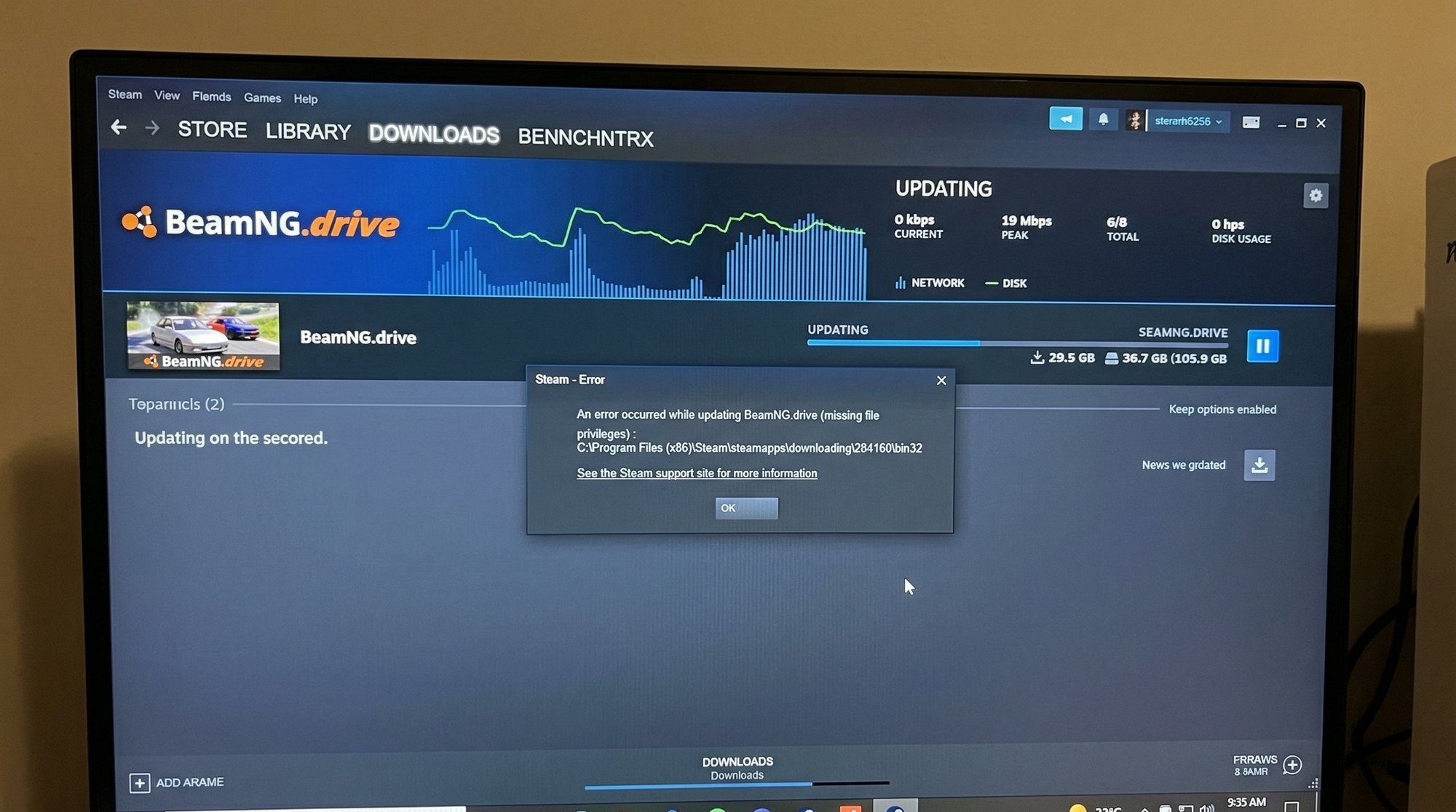 Steam error dialog showing Missing File Privileges message during BeamNG.drive update on a Windows PC