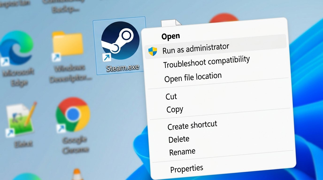 Windows 11 desktop showing right-click context menu on Steam.exe with Run as administrator option highlighted