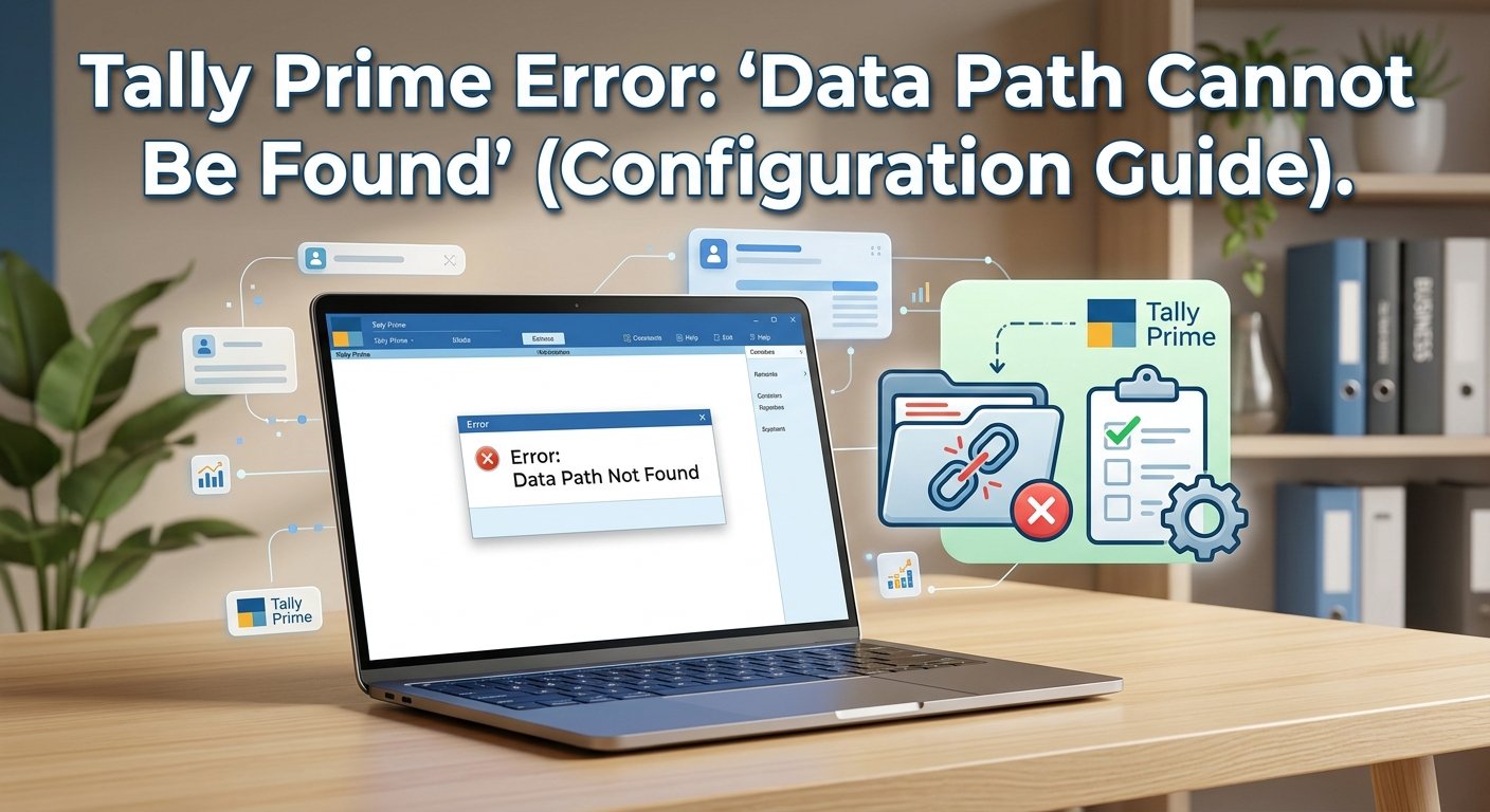 Laptop showing Tally Prime Data Path Not Found error dialog with folder icons