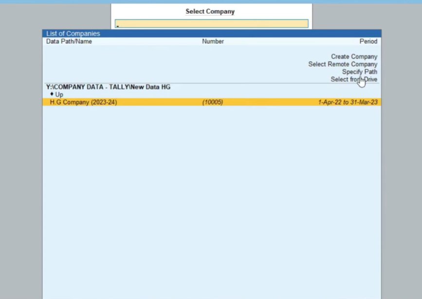 Tally Prime Select Company screen showing a successful company list load with Y drive COMPANY DATA TALLY New Data HG as the data path and H G Company 2023 24 number 10005 listed for the period 1 Apr 22 to 31 Mar 23 confirming the data path is correctly configured