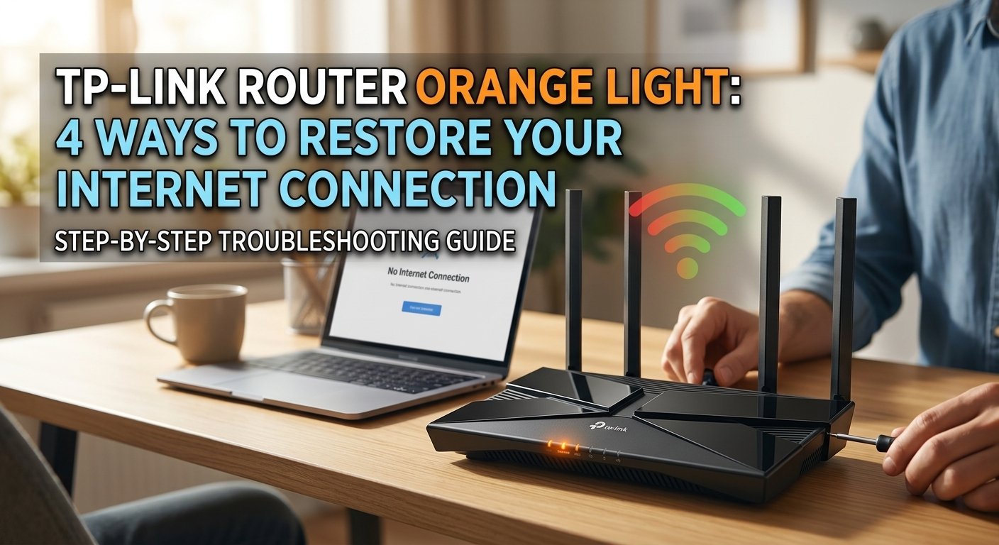 TP-Link router with orange WAN light and no internet connection on laptop behind it