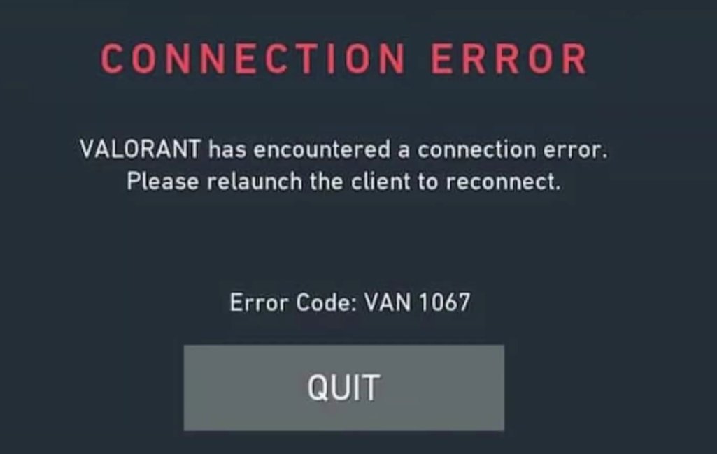Valorant VAN 1067 error screen showing connection error and TPM Secure Boot requirement message