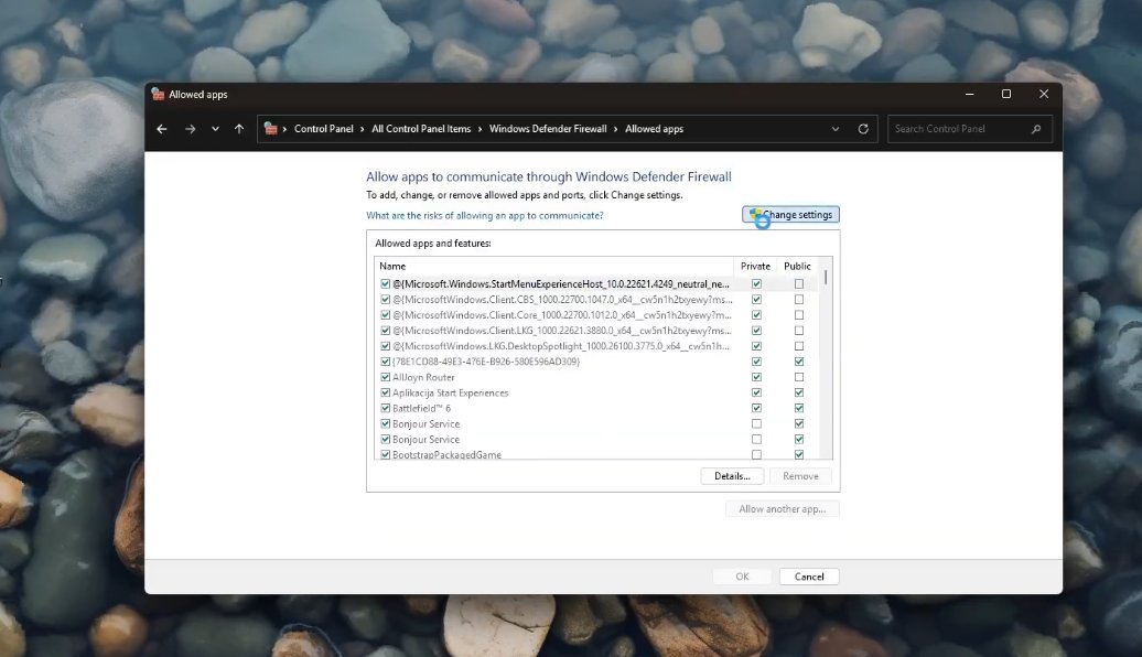 Windows Defender Firewall allowed apps settings panel showing app list relevant to Vanguard configuration