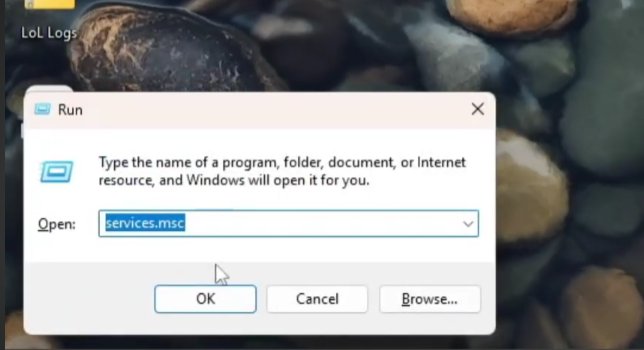 Windows Run dialog showing services.msc command — used to check and restart Vanguard service after BIOS changes