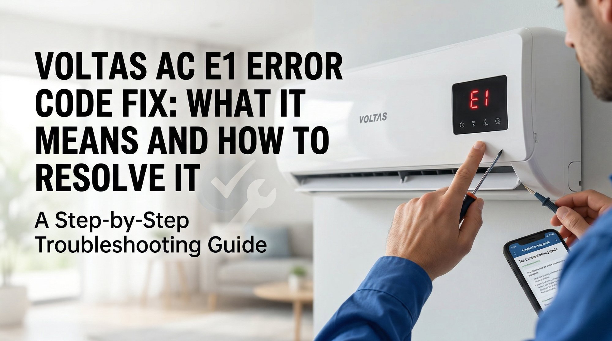 Technician troubleshooting a Voltas split AC showing E1 error code on the display