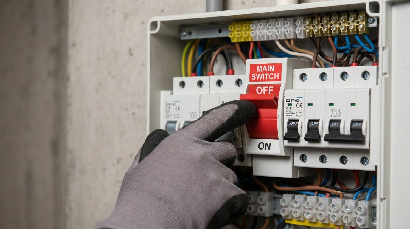 Gloved hand flipping the main MCB switch off at a household switchboard to perform a hard power reset on the Voltas AC