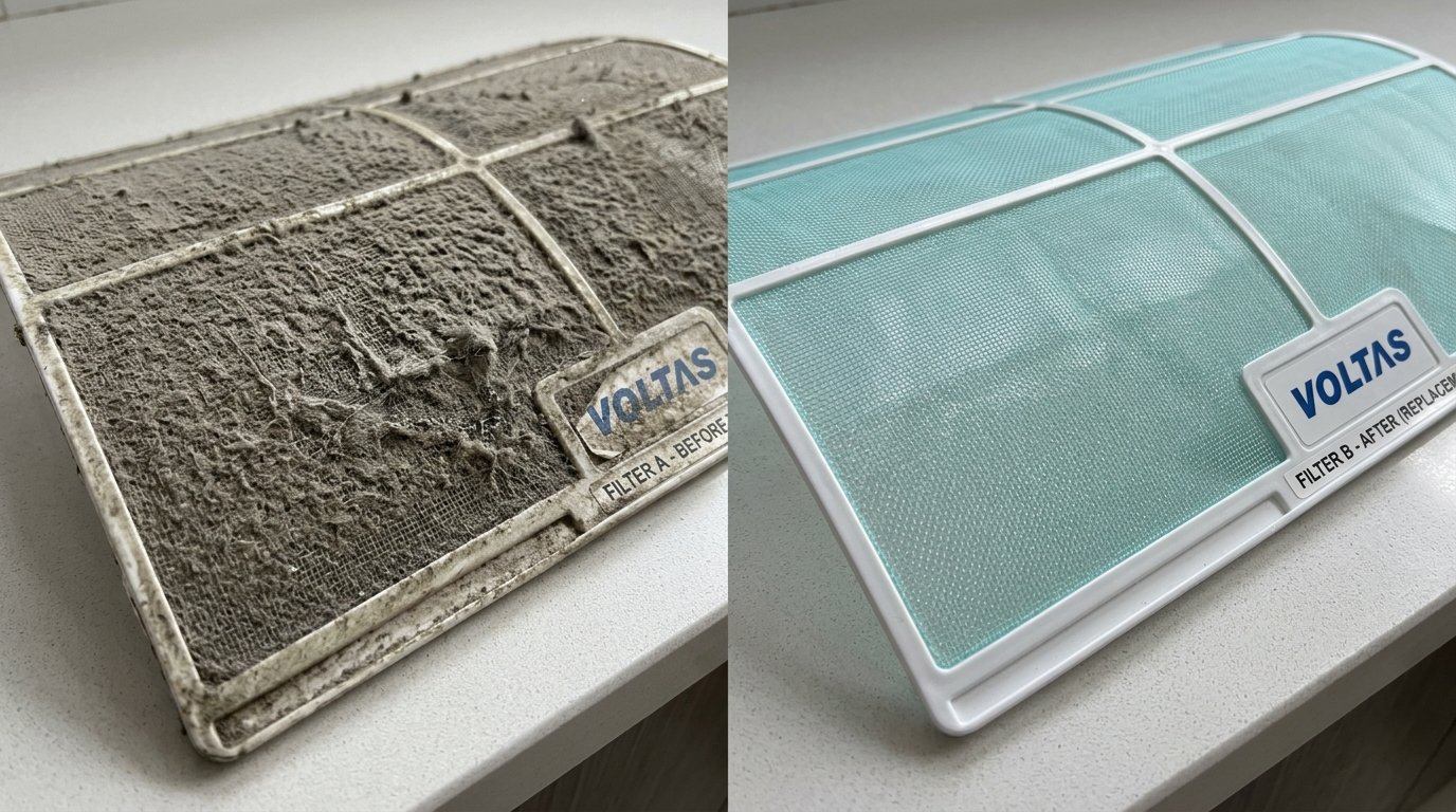 Side-by-side comparison of a Voltas AC filter before and after cleaning — the left filter is caked with grey dust while the right shows a clean mesh