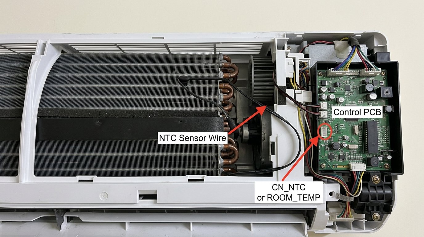 Inside of a Voltas AC indoor unit with the front panel removed, showing the NTC sensor wire and its connection point on the control PCB