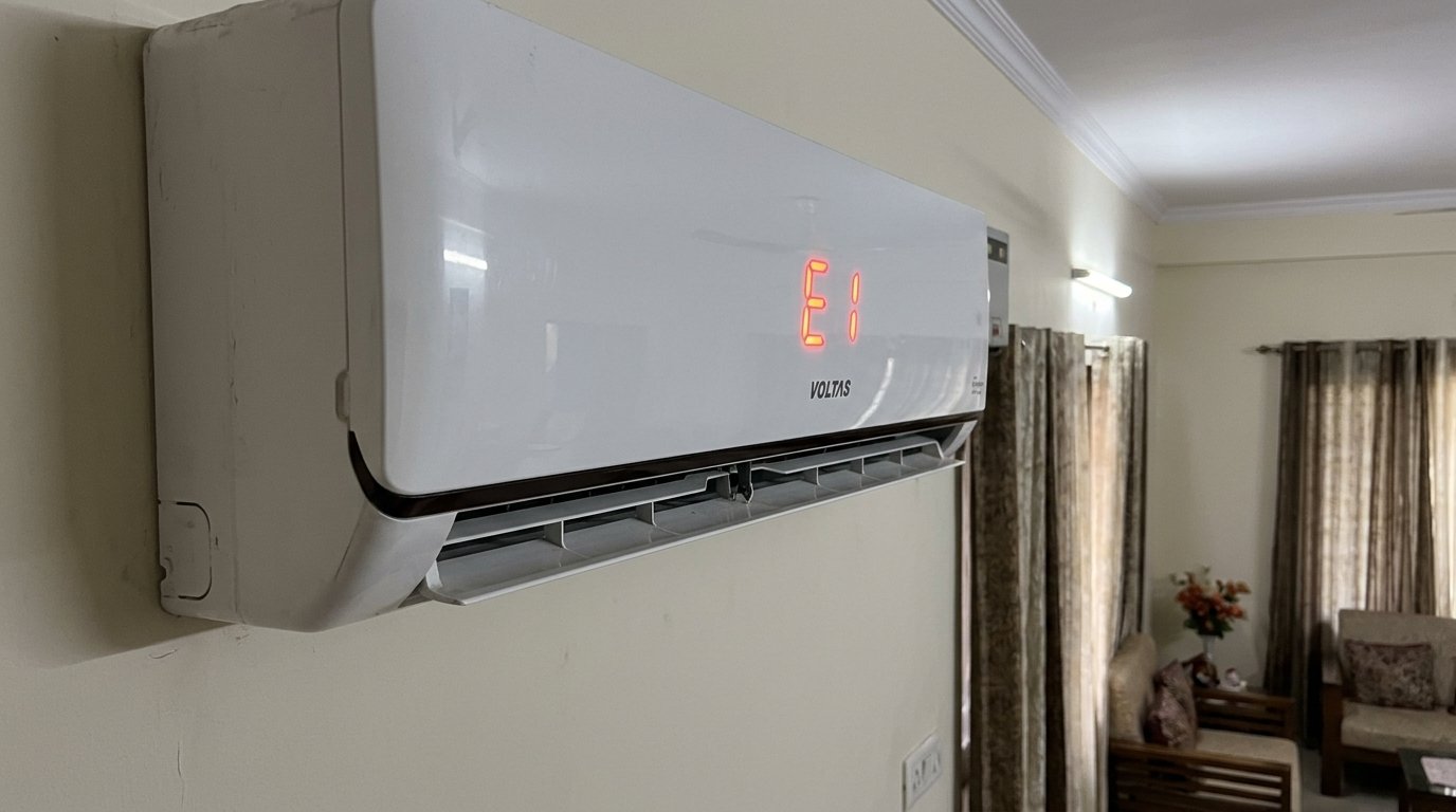 Voltas split AC indoor unit mounted on a wall displaying E1 error code in red on its digital panel