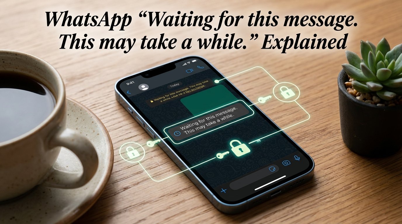 Phone showing WhatsApp Waiting for this message This may take a while error with encryption icons