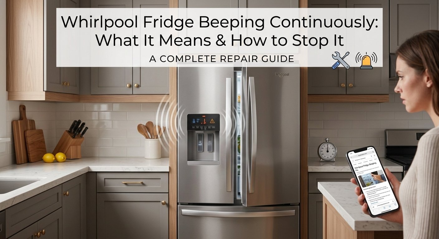 Whirlpool French door refrigerator beeping continuously in kitchen with woman looking at phone for troubleshooting guide