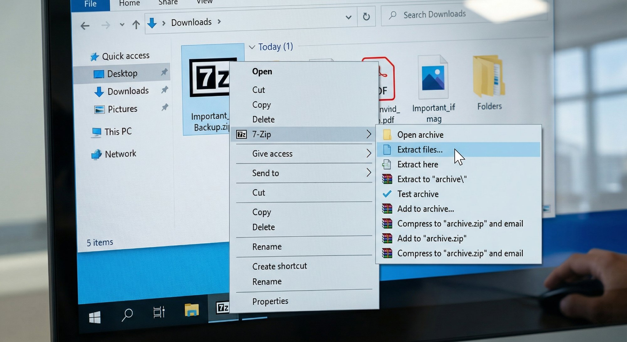 Windows File Explorer right-click context menu showing 7-Zip submenu expanded with Extract files option highlighted