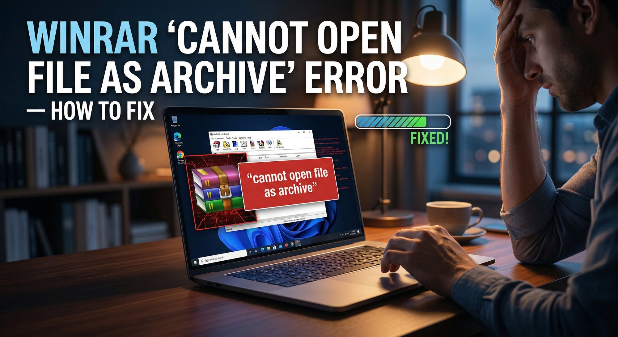 Person frustrated at laptop with WinRAR Cannot open file as archive error on screen