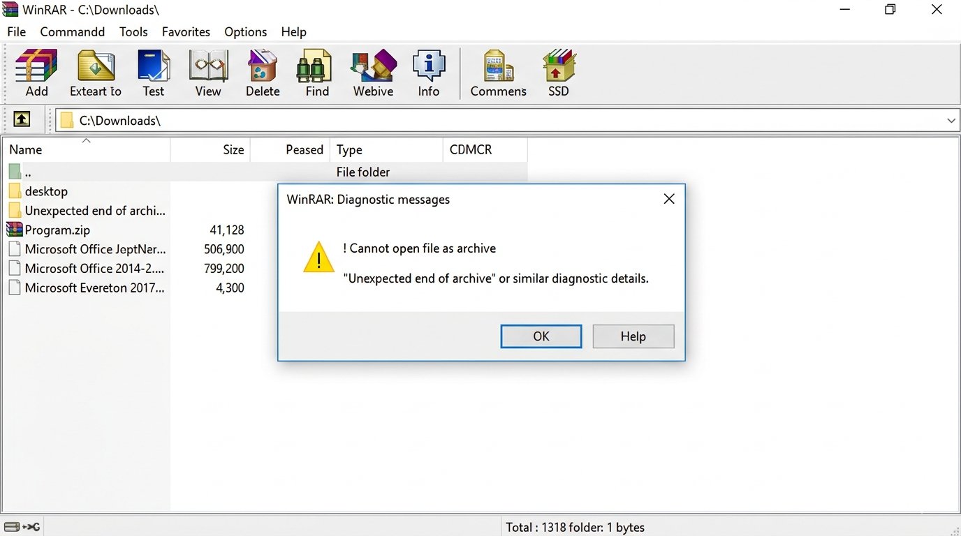 WinRAR Diagnostic Messages dialog box showing the Cannot open file as archive error with Unexpected end of archive warning