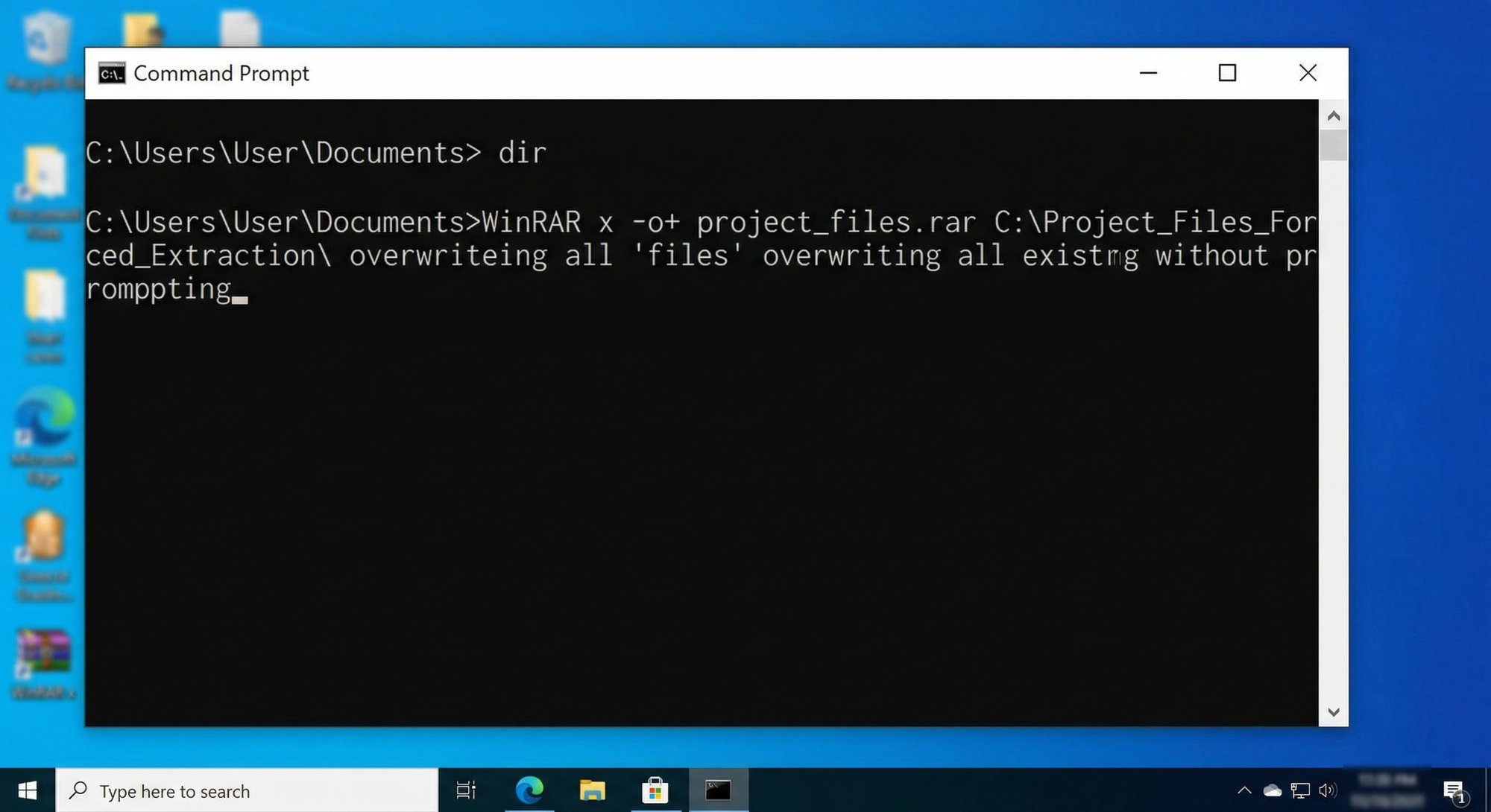 Windows Command Prompt window showing WinRAR forced extraction command being typed with the -kb flag to keep broken files