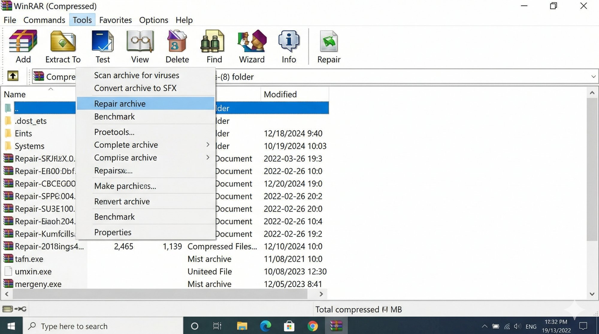 WinRAR Tools menu open with Repair Archive option highlighted in blue, showing the correct path to access the built-in repair function